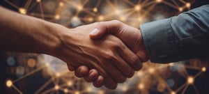 Partnership handshake in front of connected pattern background