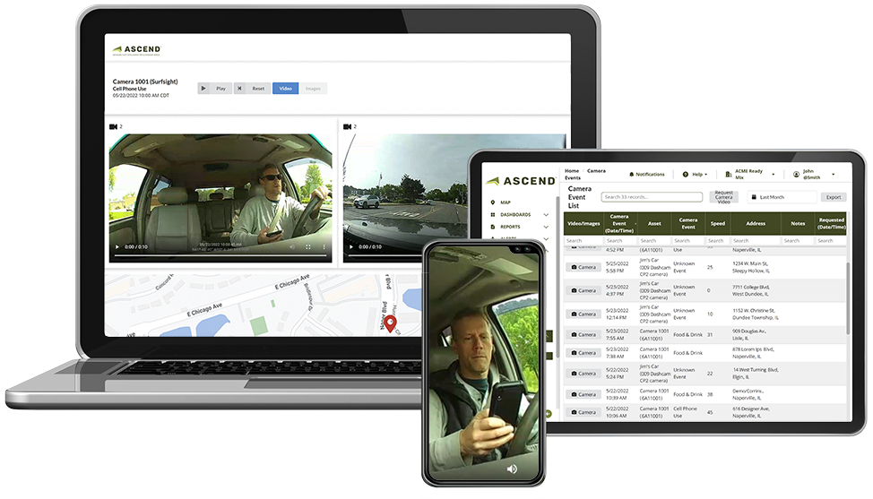 Laptop with Ascend telematics dashcam view, tablet with camera event list, ascend app driver cam